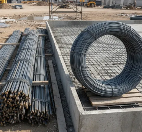 Wire Rod vs Traditional Rebar: Which Performs Better in Concrete Structures?--Sunrise New Material Wire rod and traditional rebar used for concrete reinforcement at a construction site