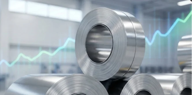 316 Stainless Steel Coil Price Trends 2026 & Sourcing Guide--Sunrise New Material 316 stainless steel coils stacked in a warehouse with an upward market trend chart in the background.