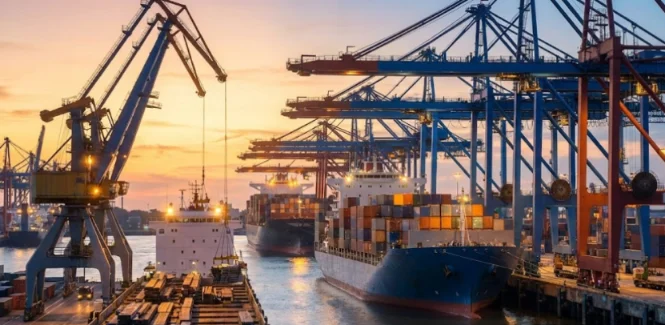 316 Stainless Steel Coil Price Trends 2026 & Sourcing Guide-1-Sunrise New Material A busy global shipping port at sunset with large cranes loading cargo container ships.
