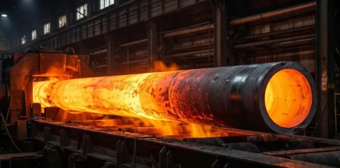 Carbon Steel Pipe Price 2026: A106 B2B Sourcing Guide-1-Sunrise New Material Glowing hot steel billet during seamless pipe manufacturing.