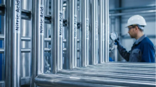 Nitric Acid Resistant Pipe: Why 430 Beats 304 Stainless Steel--Sunrise New Material Nitric acid stainless steel pipes in a chemical plant with an engineer inspecting.