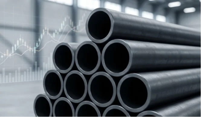 Carbon Steel Pipe Price 2026: A106 B2B Sourcing Guide--Sunrise New Material Stacked carbon steel pipes with upward market trend chart.