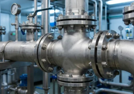 Nitric Acid Resistant Pipe: Why 430 Beats 304 Stainless Steel-1-Sunrise New Material Stainless steel industrial piping assembly with flanged connections.